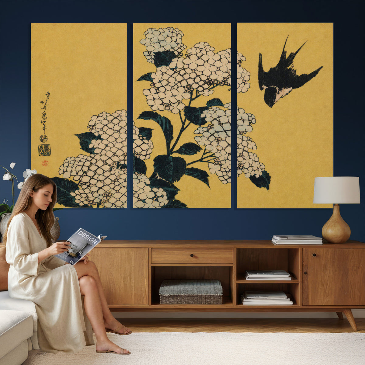 92483501-MGV-CV-36X24 - Katsushika Hokusai Hydrangea and Swallow Wall Art Canvas Print, Japanese Woodblock Painting Print