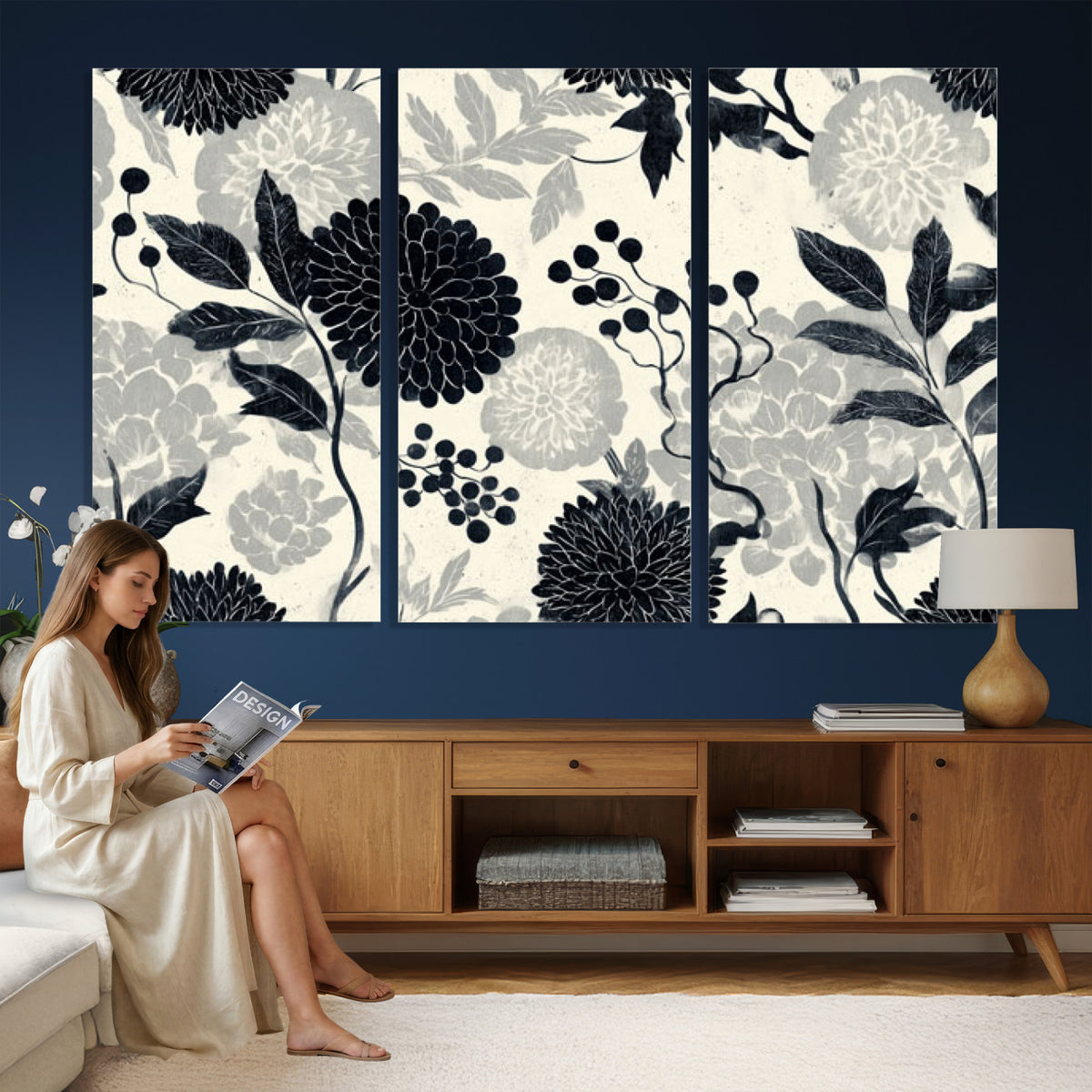 61524791-MGV-CV-36X24 - Vintage Black Chrysanthemum Wall Art Canvas Print, Monochrome Dhalia Floral Painting Print