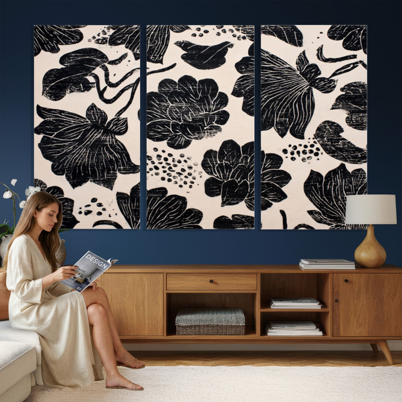 81787117-MGV-CV-36X24 - Linocut Black Lotus Floral Wall Art Canvas Print, Vintage Monochrome Botanical Painting Print