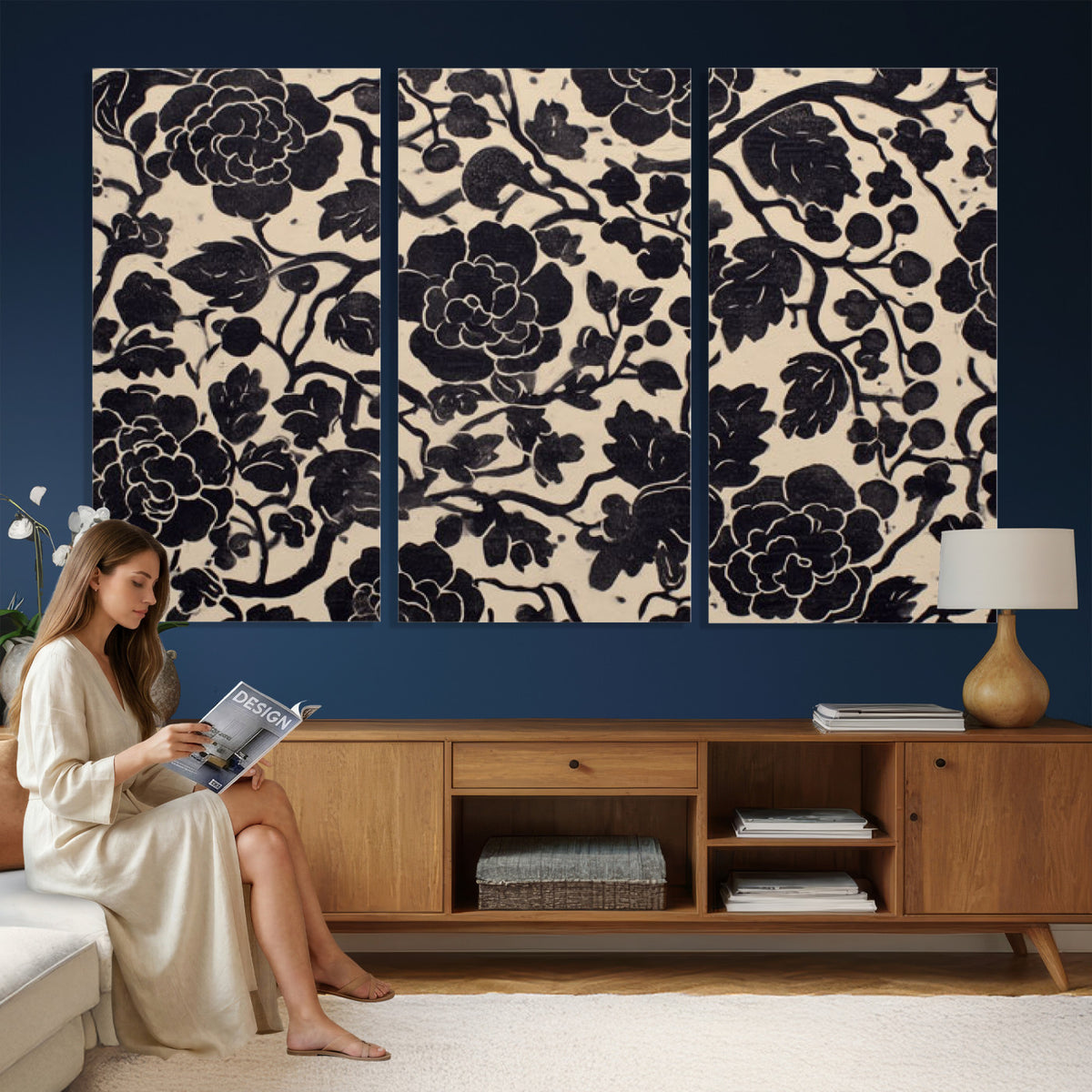 86696255-MGV-CV-36X24 - Vintage Black and Cream Floral Wall Art Canvas Print, Chinoiserie Botanical Painting Print