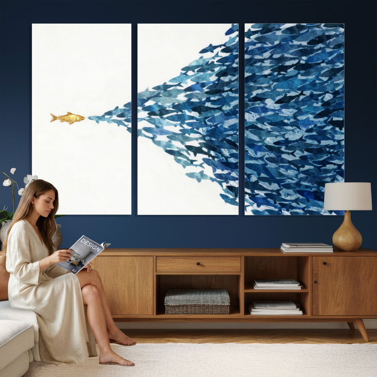 79089639-MGV-CV-36X24 - Abstract Blue Fish School Canvas Wall Art, Gold Foil Accent Marine Print