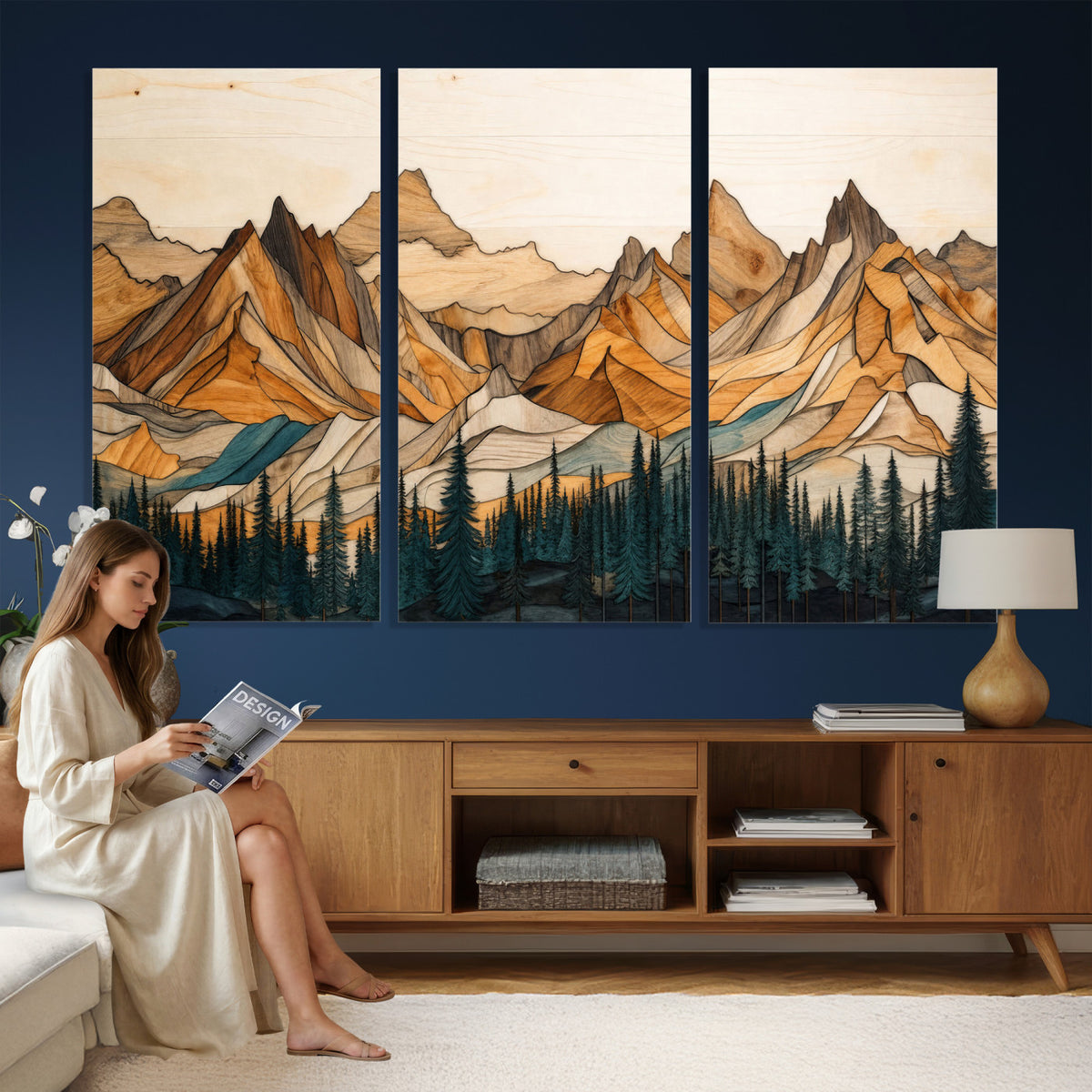 57384313-MGV-CV-48X32-3P - Mountain Landscape Canvas Wall Art with Wood Grain Effect, Golden Peaks and Teal Pine Forest, Framed Cabin Decor
