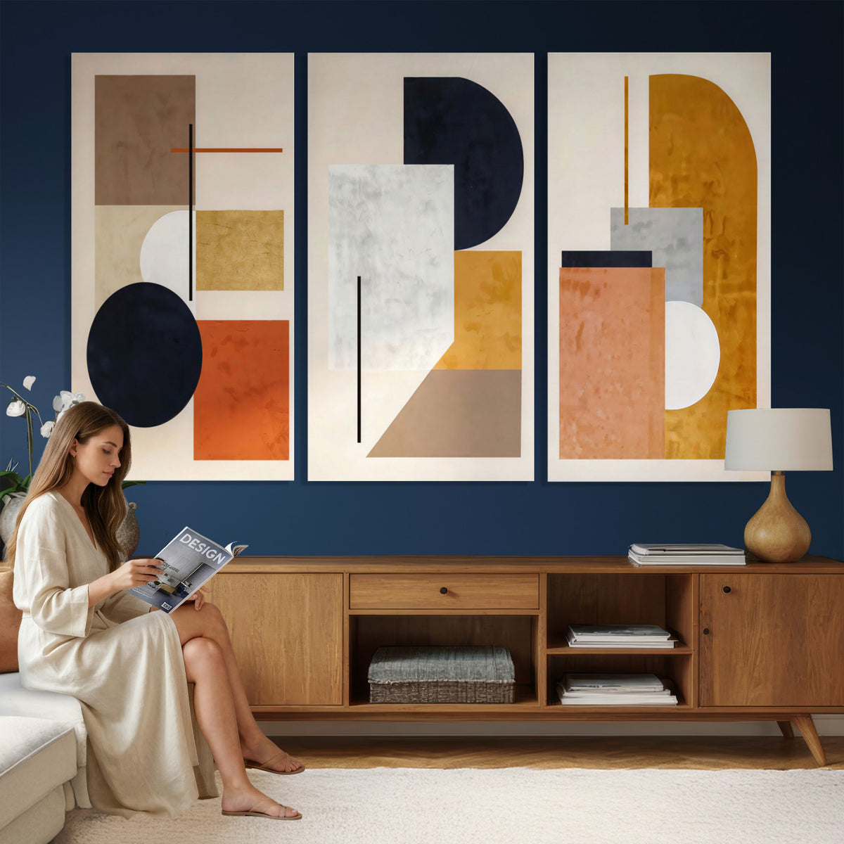 87361249-MGV-CV-48X32-3P - Mid Century Modern Geometric Canvas Wall Art, Abstract Triptych Print
