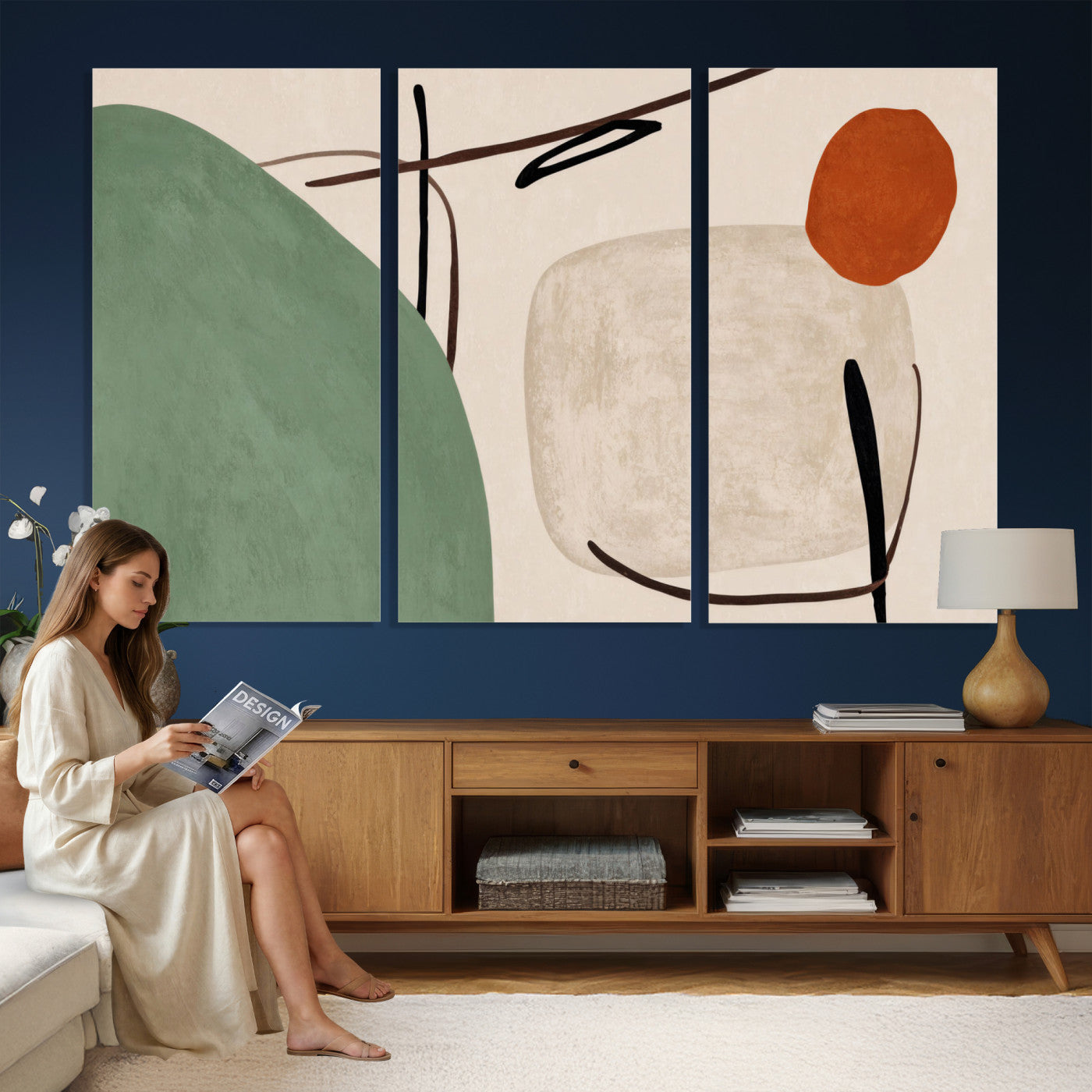 46798824-MGV-CV-48X32-3P - Mid Century Modern Geometric Canvas Wall Art, Abstract Triptych Print