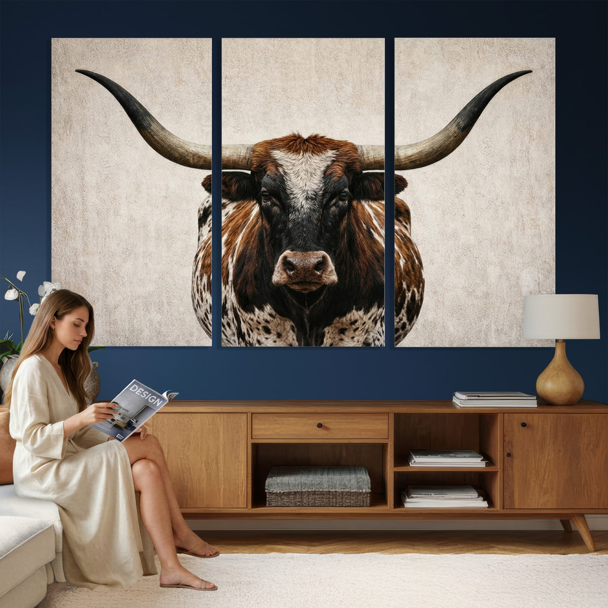 58622065-_Poster-30x20 - Texas Longhorn Canvas Wall Art, Western Bull in a Moody Grey Desert, Rustic Farmhouse Decor for Living Room