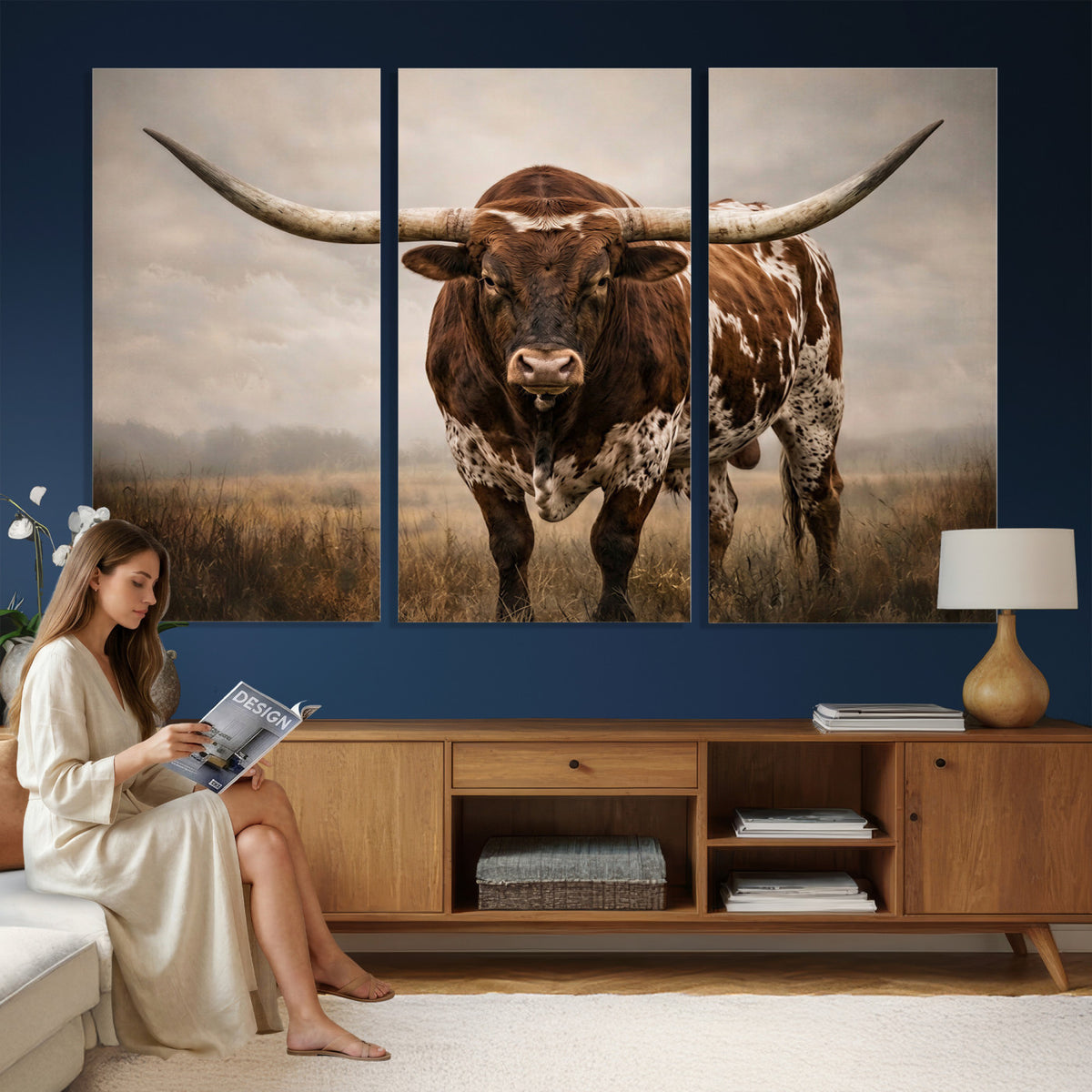 25239047A-MGV-CV-36X24 - Texas Longhorn Canvas Wall Art Western Bull Desert Moody Grey Overcast Rustic Farmhouse Framed Large for Living Room Bedroom Office Decor