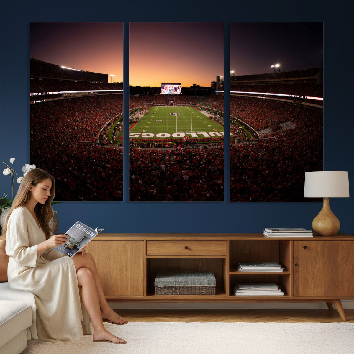 97720998-_Poster-30x20 - Georgia Bulldogs Stadium Sunset Canvas Print 3 Piece Framed Wall Art Extra Large Floating Frame Sports Poster Made in USA