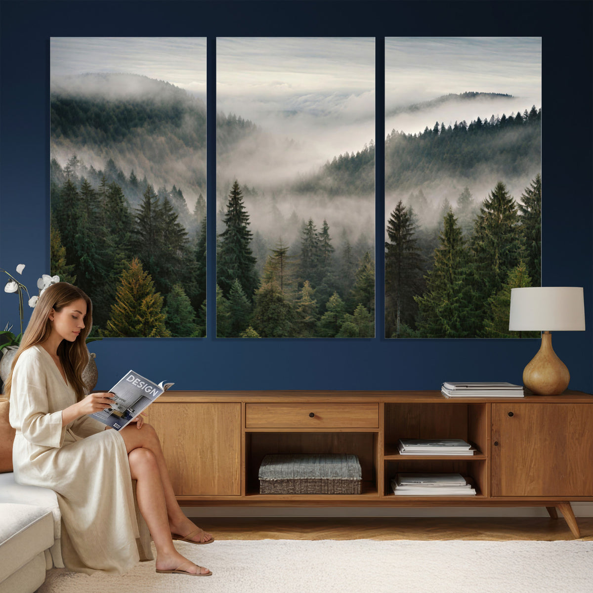 38409495-_Poster-30x20 - Misty Pine Valley Mountain Canvas Print 3 Piece Framed Wall Art Extra Large Floating Frame Nature Poster Made in USA