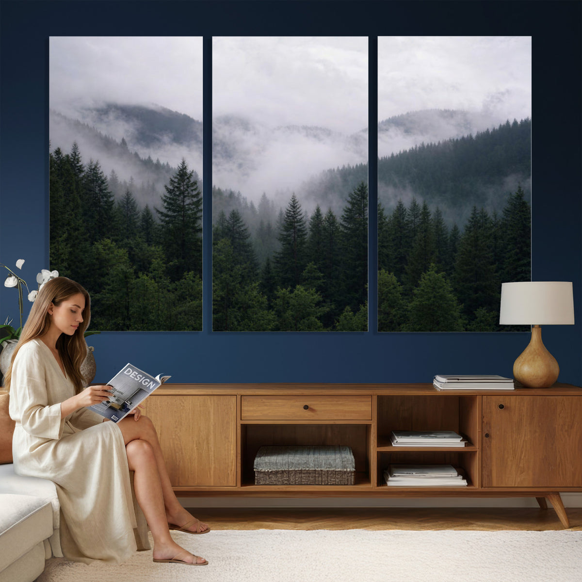 25432119-_Poster-30x20 - Misty Mountain Pine Forest Canvas Print 3 Piece Framed Wall Art Extra Large Floating Frame Nature Poster Made in USA