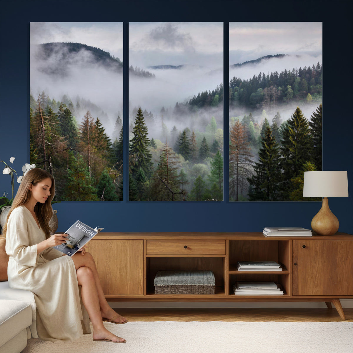 18735847-_Poster-30x20 - Foggy Pine Forest Mountain Canvas Print 3 Piece Framed Wall Art Extra Large Floating Frame Nature Poster Made in USA