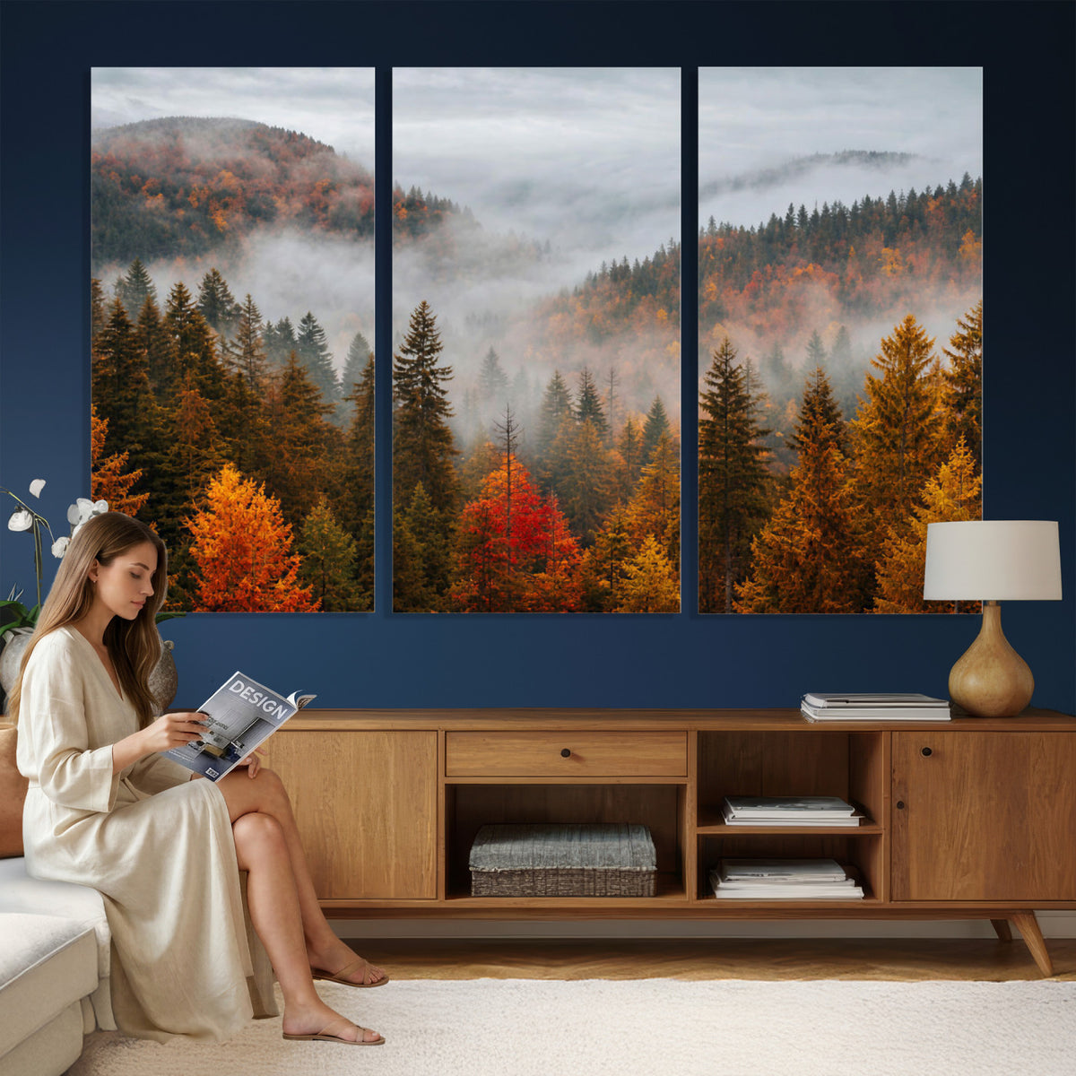 87481341-_Poster-30x20 - Foggy Autumn Mountain Canvas Print Smoky Pine Forest Wall Art Panoramic Nature Poster 3 Piece Made in USA