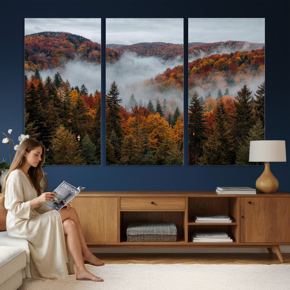 26686263-_Poster-30x20 - Misty Autumn Forest Mountain Canvas Print 3 Panel Wall Art Gallery Wrapped Floating Frame Poster Made in USA
