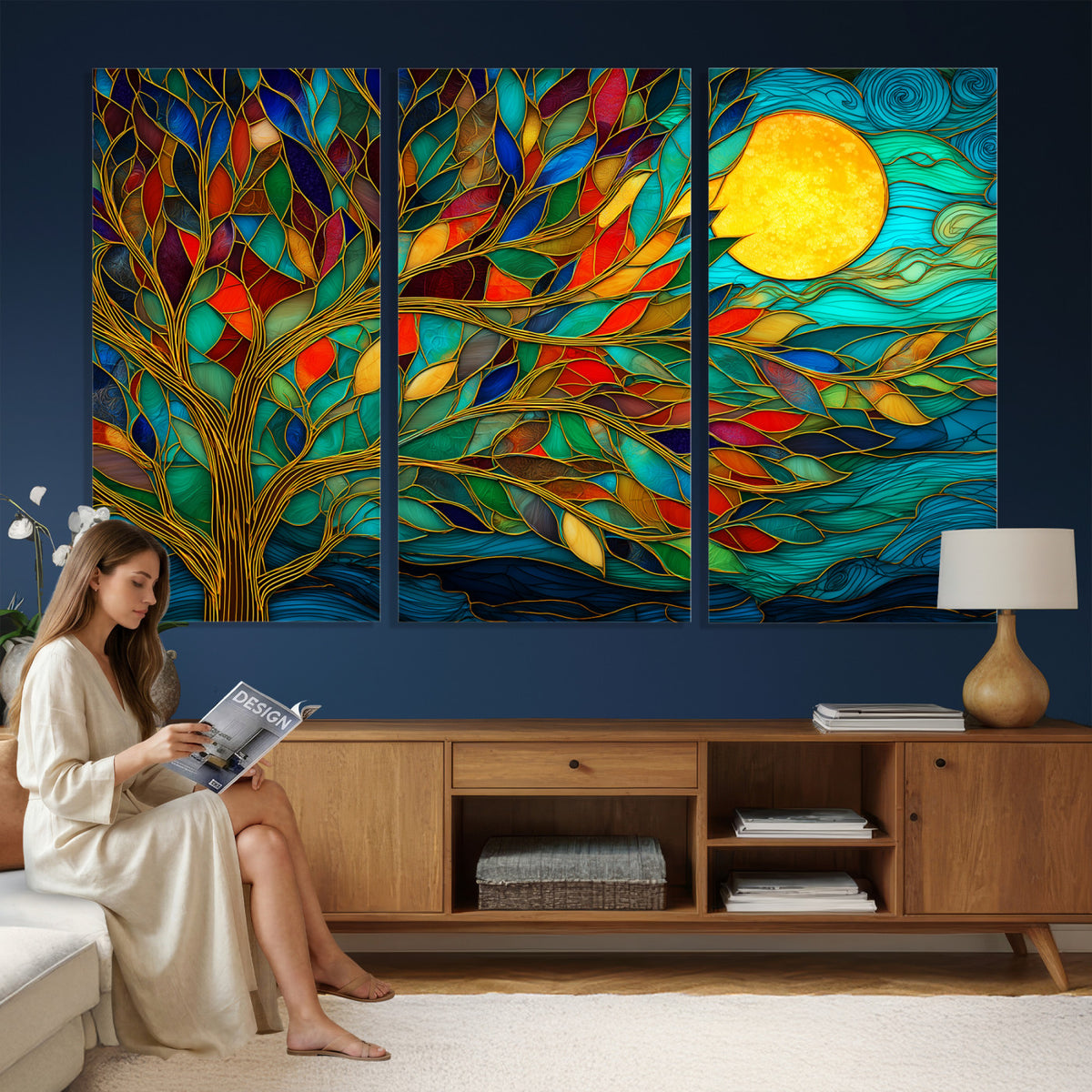 11877152-MGV-CV-36X24 - Stained Glass Tree Of Life Wall Art - Vibrant Mosaic Nature Home Decor