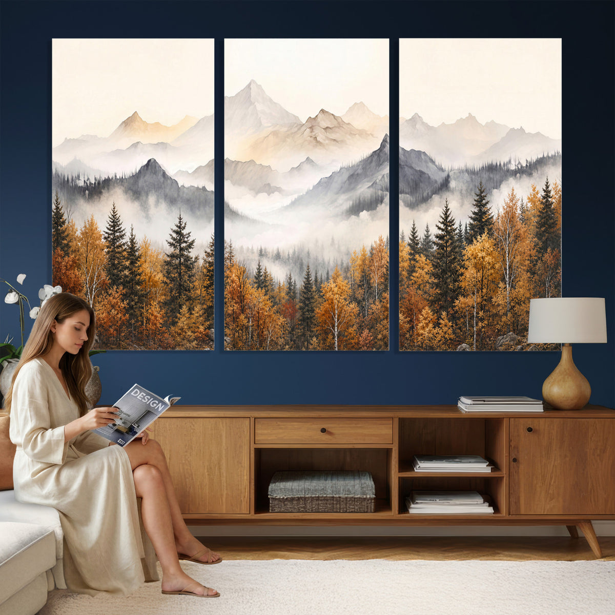 19544118-MGV-TP-30X20 - Misty Mountain Autumn Forest Canvas Wall Art - Watercolor Fall Nature Landscape Print