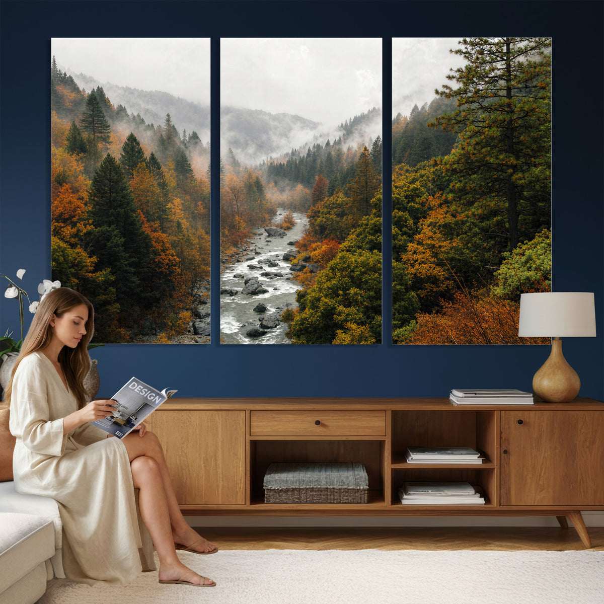 95540697-MGV-TP-30X20 - Misty River Mountain Valley Canvas Wall Art - Autumn Forest Landscape Nature Print