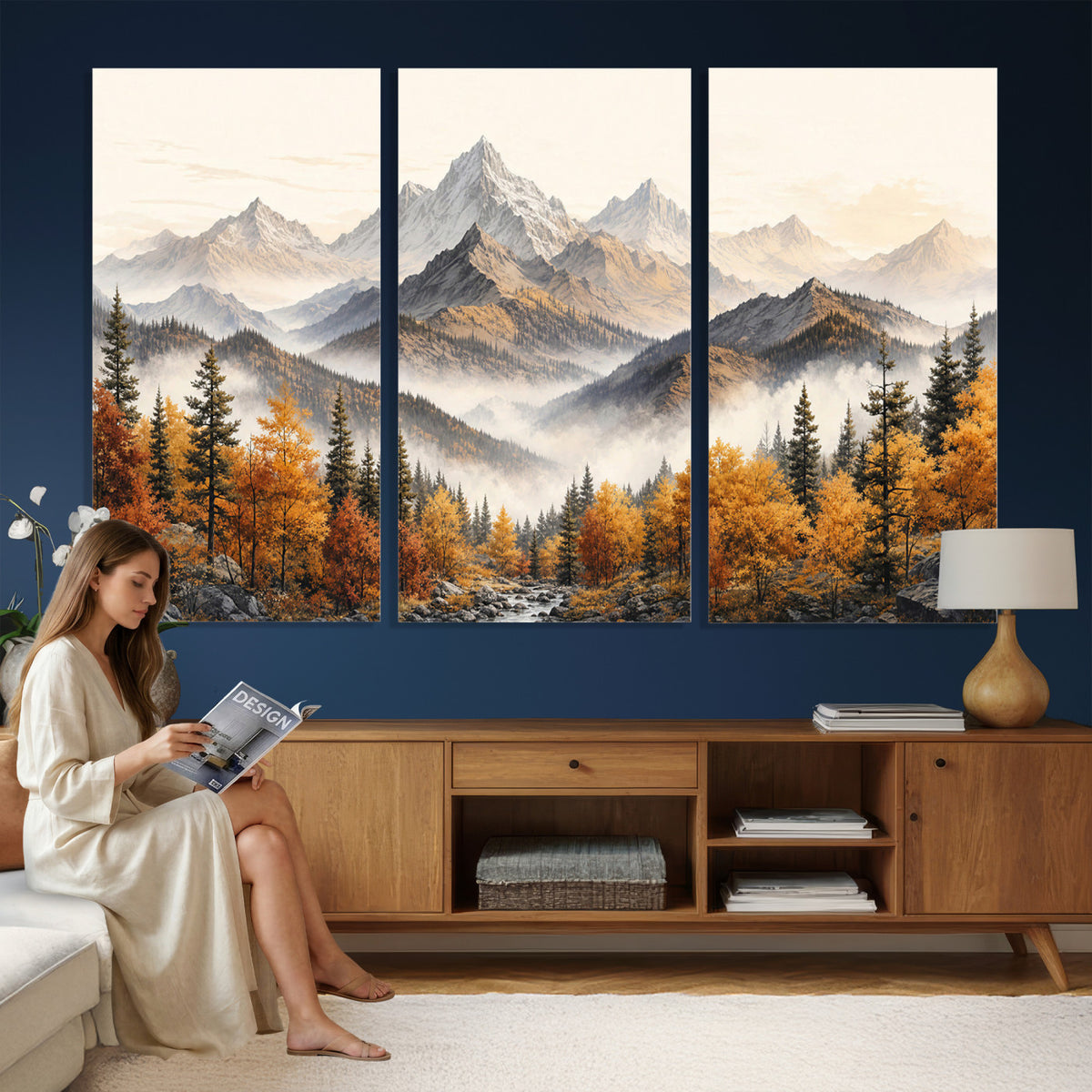 21309099-MGV-TP-30X20 - Extra Large Misty Mountain Autumn Forest Canvas Wall Art - Watercolor Fall Nature Landscape Print