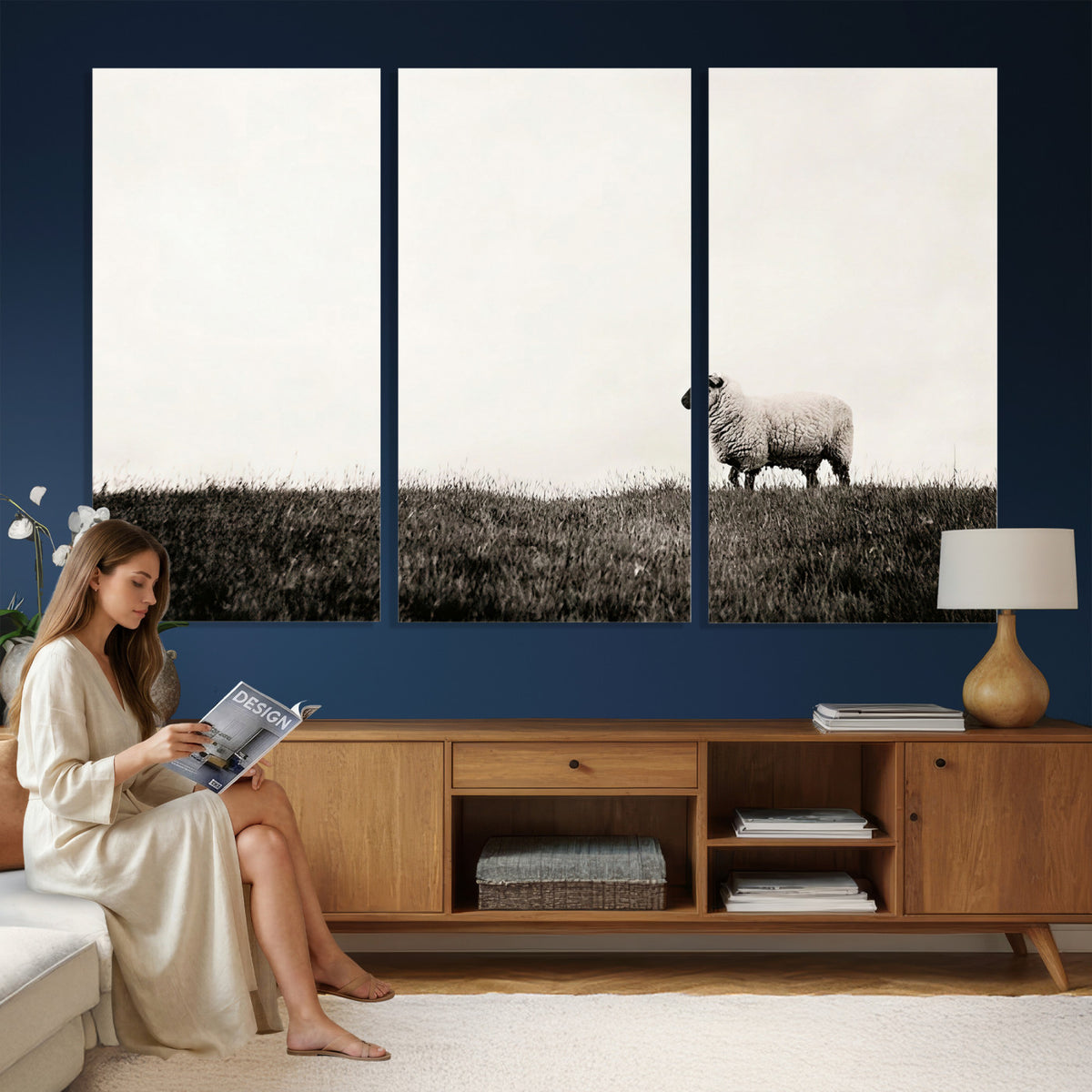 72749448-MGV-TP-30X20 - Minimalist Sepia Sheep Canvas Wall Art - Rustic Farmhouse Country Landscape Print