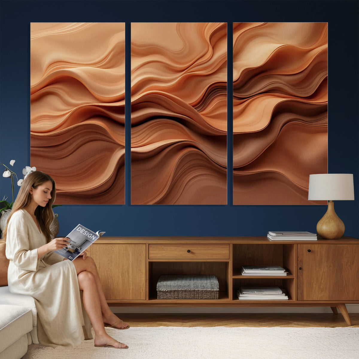 82230697-MGV-CV-36X24 - Modern Abstract Fluid Waves Canvas Wall Art - Minimalist Warm Terracotta Beige Sand Print