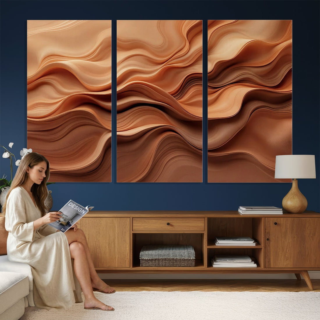 Modern Abstract Fluid Waves Canvas Wall Art - Minimalist Warm Terracotta Beige Sand Print