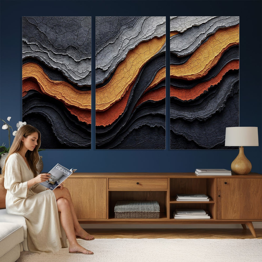 Abstract Waves Canvas Wall Art - Modern Terracotta and Charcoal Gray Print