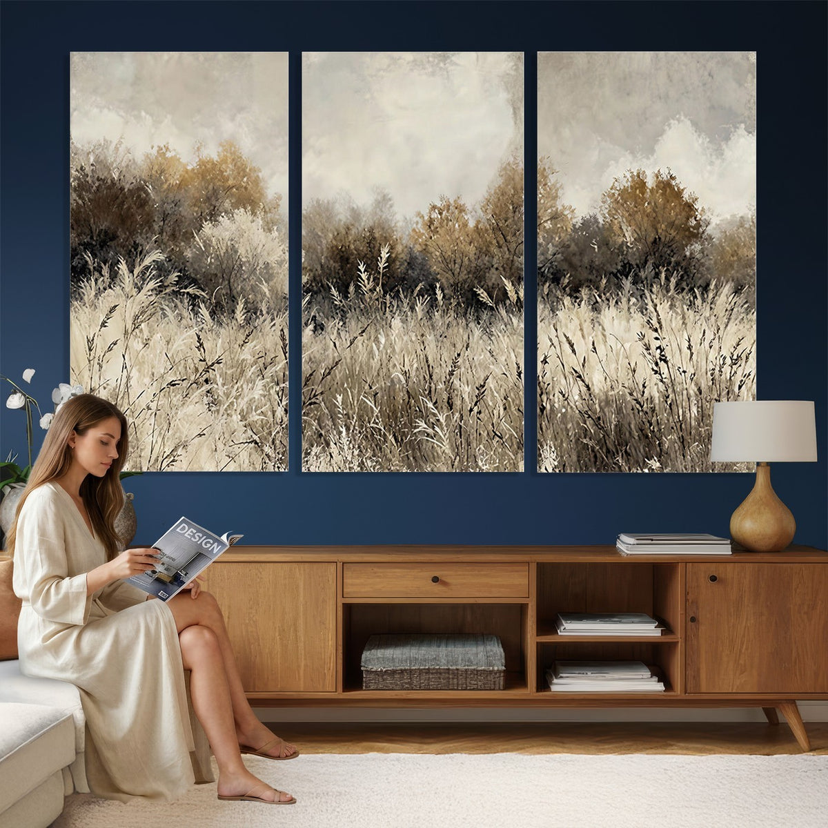 53959945-_Poster-30x20 - Muted Neutral Forest Landscape Canvas Wall Art - Vintage Rustic Wildflower Meadow Print