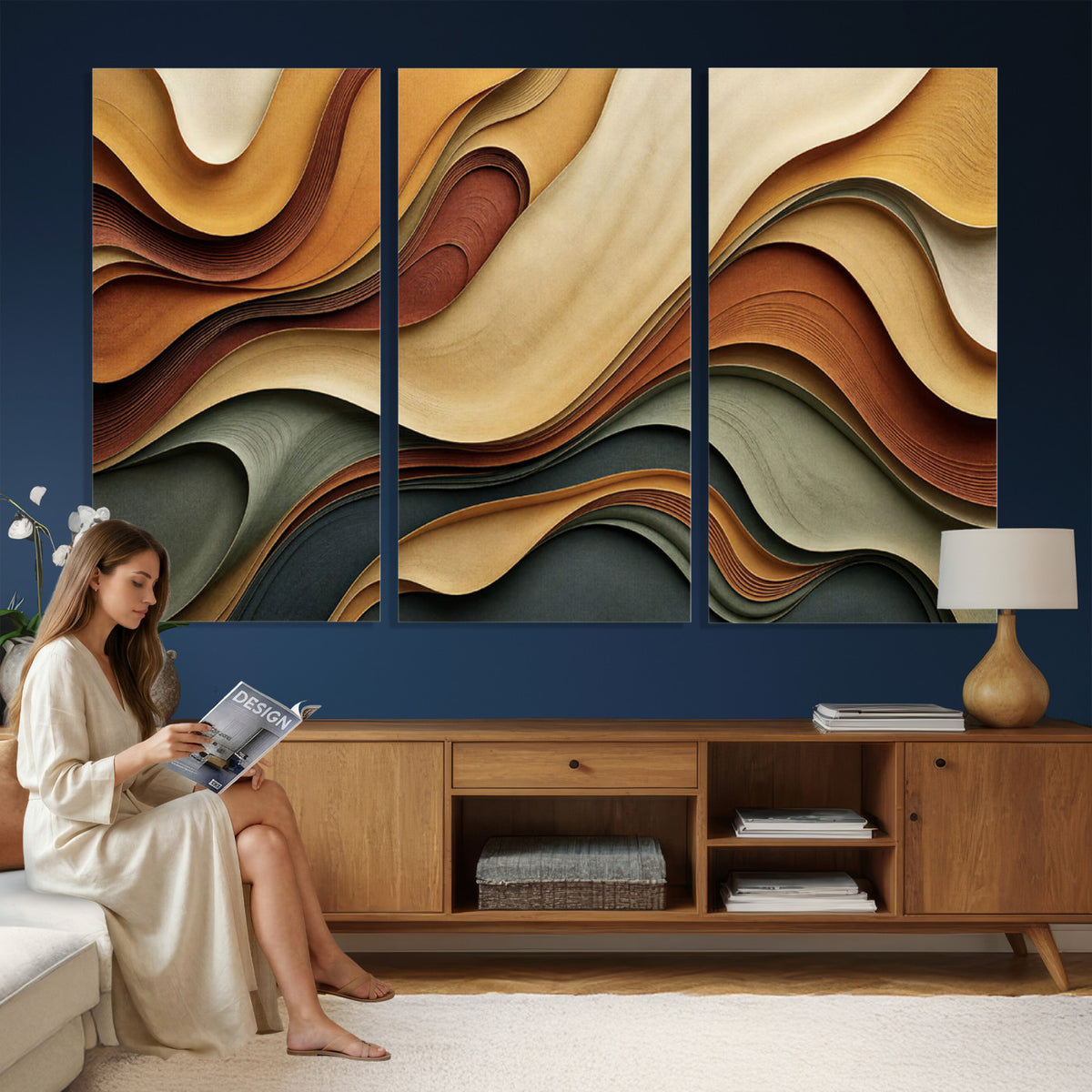 19337902-MGV-CV-36X24 - Modern Abstract Waves Canvas Wall Art - Minimalist Earthy Tone Living Room Decor