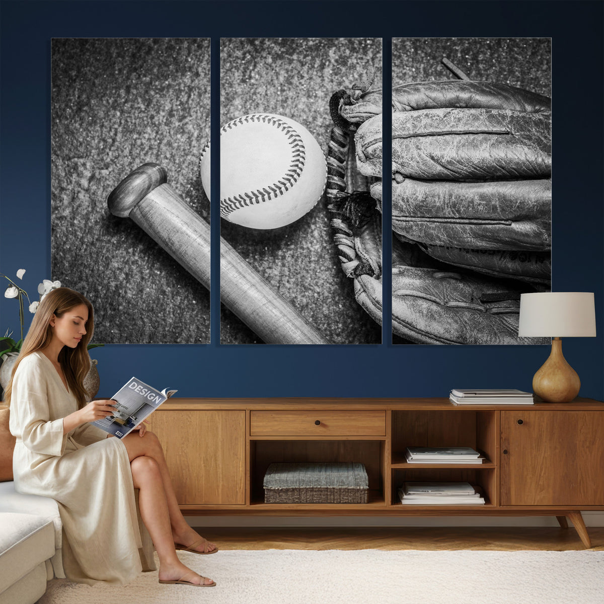 83916D-MGV-CV-36X24 - Vintage Baseball Glove and Bat Sports Wall Art Canvas Print