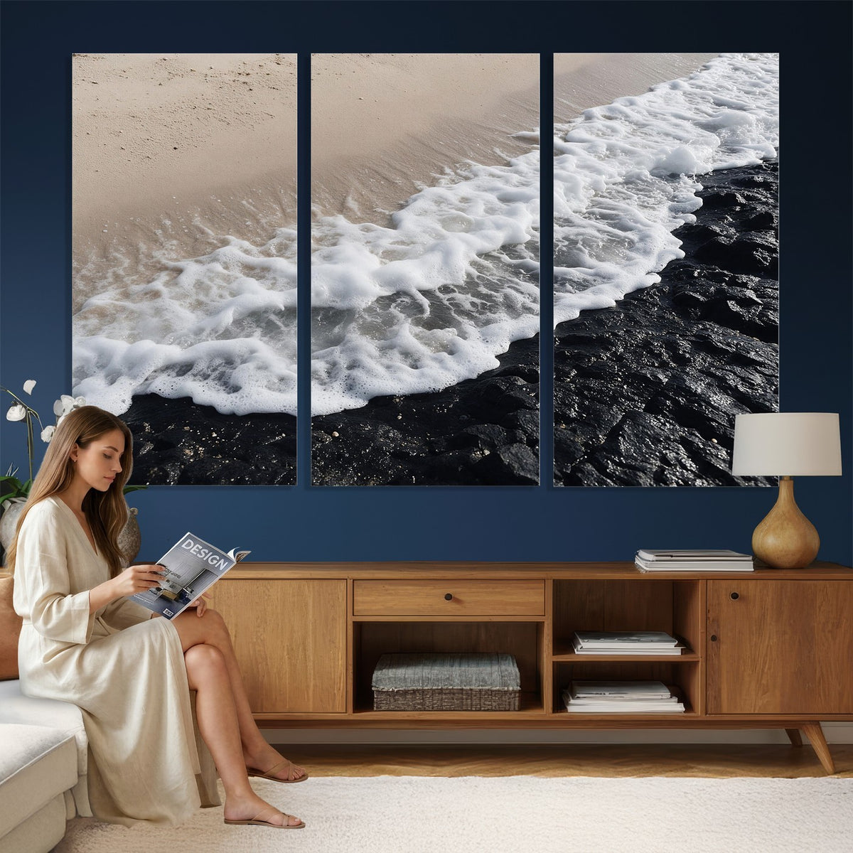 27448606-MGV-CV-24X16 - Ocean Wave Foam on Black Lava Rock Beach Canvas Wall Art Print