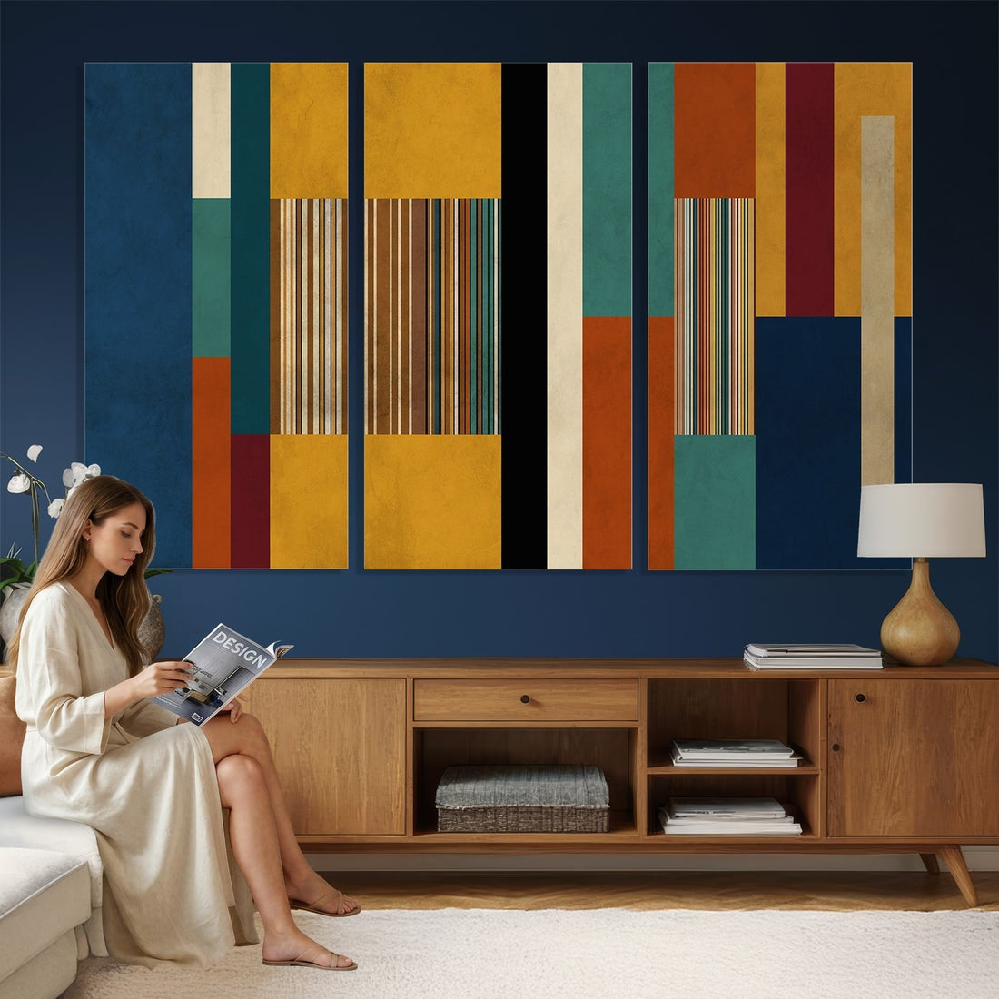 Mid Century Abstract Color Block Canvas Wall Art, Geometric Striped Canvas Print