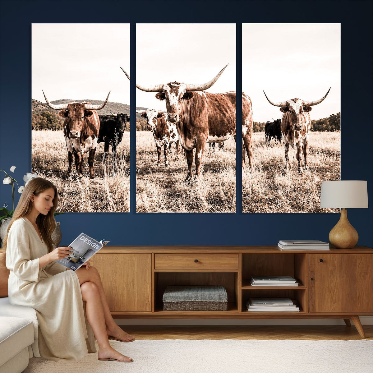 25234808-MGV-CV-48X32-3P - Texas Longhorn Cattle Canvas Wall Art, Western Ranch Home Decor