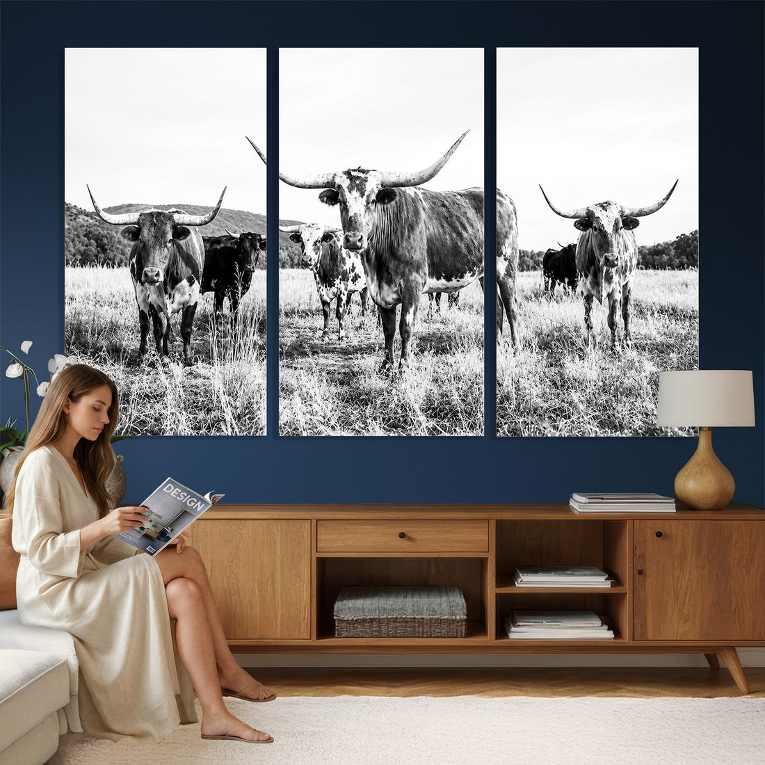 Black and White Longhorn Cattle Canvas Print, Western Ranch Wall Decor