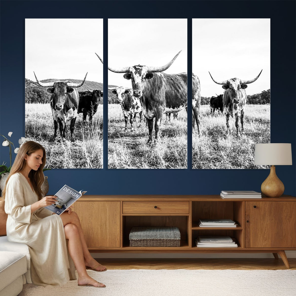 73228277-MGV-CV-48X32-3P - Black and White Longhorn Cattle Canvas Print, Western Ranch Wall Decor