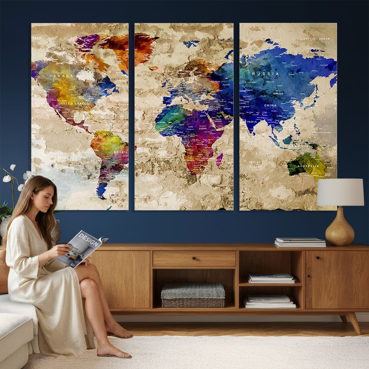 Colorful World Map Canvas Wall Art | Abstract Watercolor Map Print