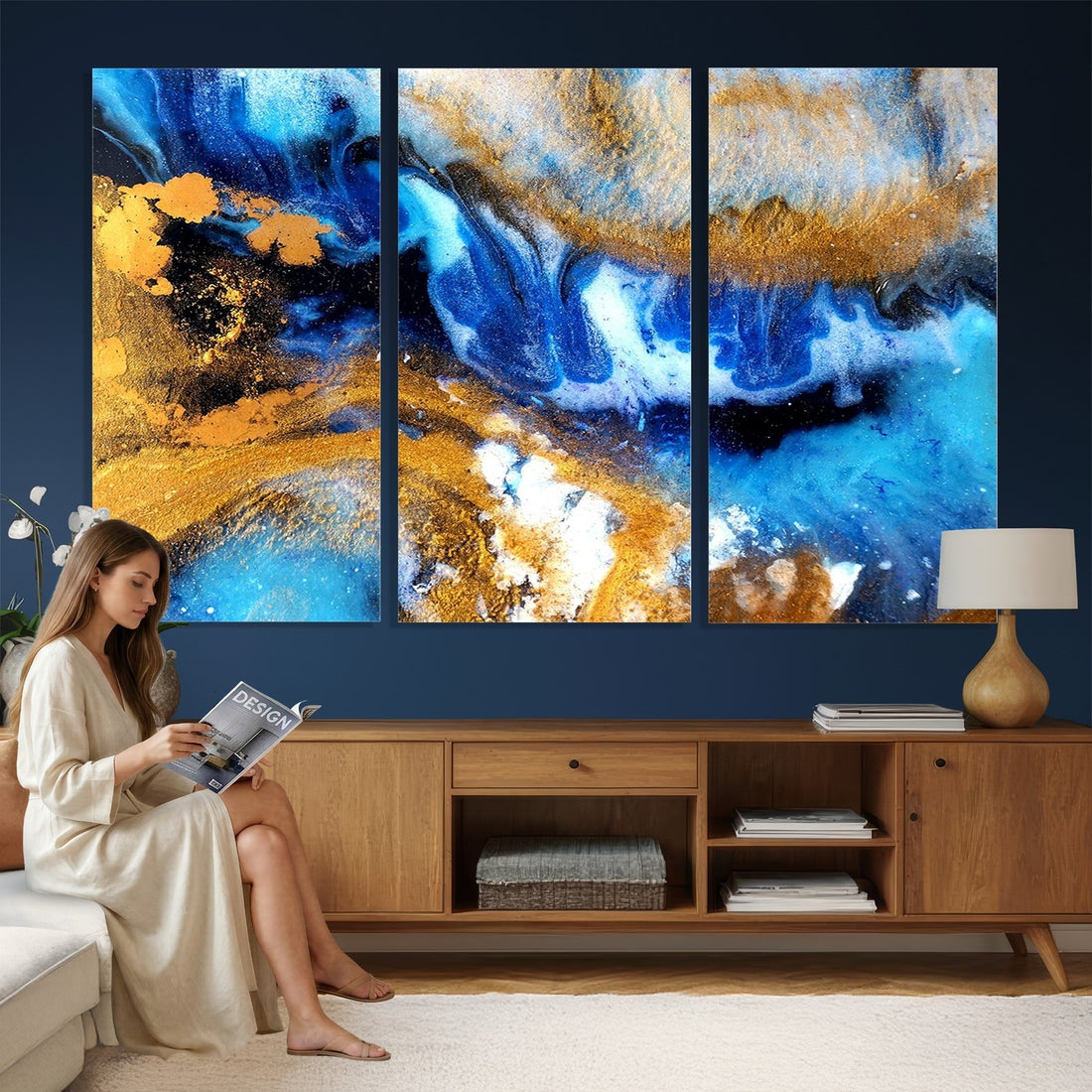 Large Abstract Wall Art Print | Gold and Blue Abstract Canvas Wall Art