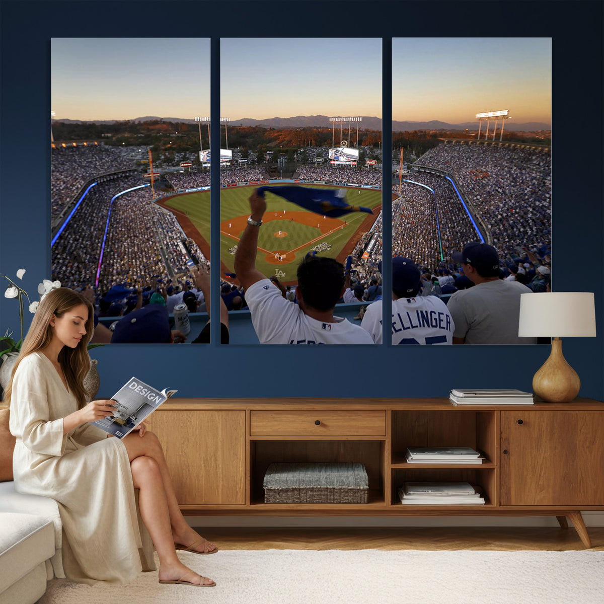 60162-MGV-CV-36X24 - Dodger Stadium Sunset Game Triple Canvas Wall Art, Los Angeles Dodgers MLB Match