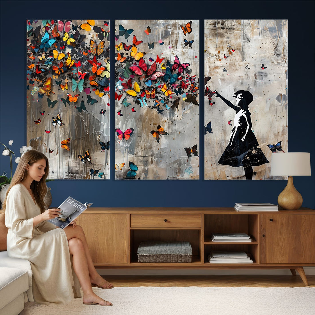 Banksy Wall Art, Banksy Girl and Butterfly Explosion Canvas Print | Extra Large 3 Piece Best Seller Wall Art