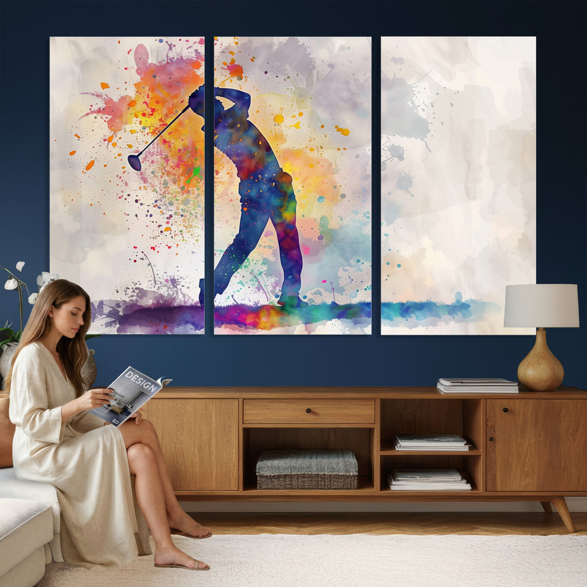 89625-MGV-CV-36X24 - Vibrant Watercolor Golf Swing Wall Art Canvas Print | Extra Large 3 Piece Canvas Wall Art