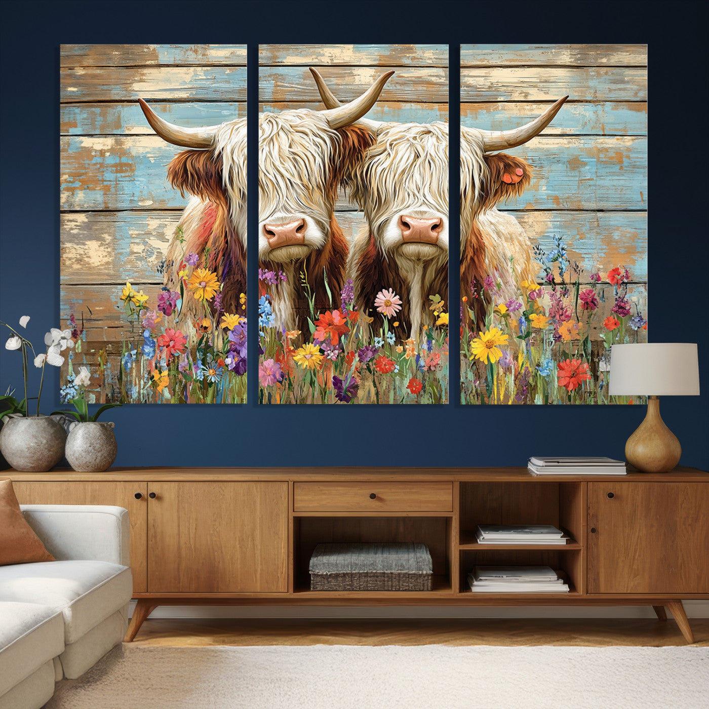 36972-MGV-CV-36X24 - Cute Highland Cow Canvas Wall Art - Rustic Farmhouse Decor with Colorful Flowers Perfect Wall Art