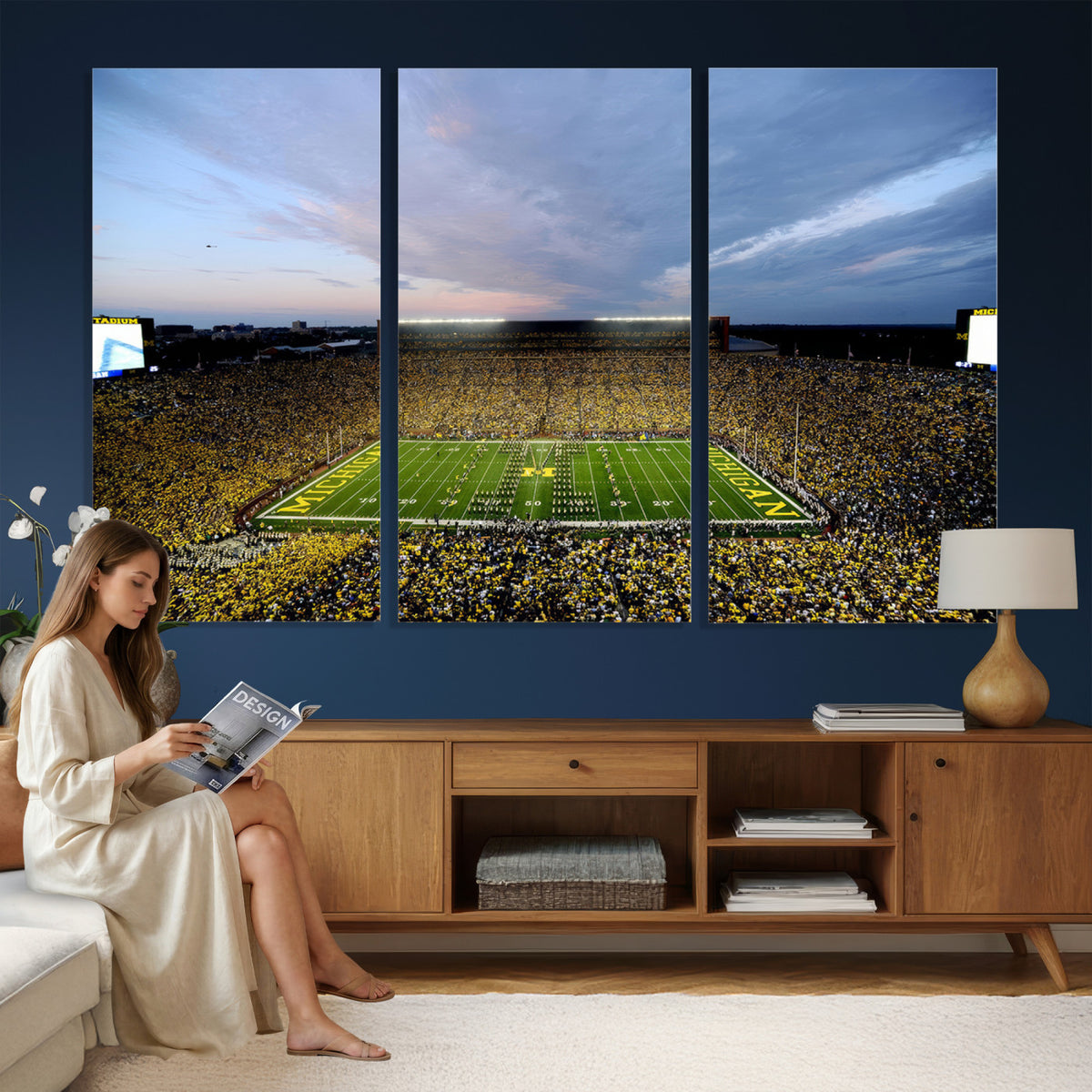 82641-MGV-CV-36X24 - Michigan Stadium Wall Art Canvas Print – Framed Football Field Scene with Marching Band Artwork for Home, Office