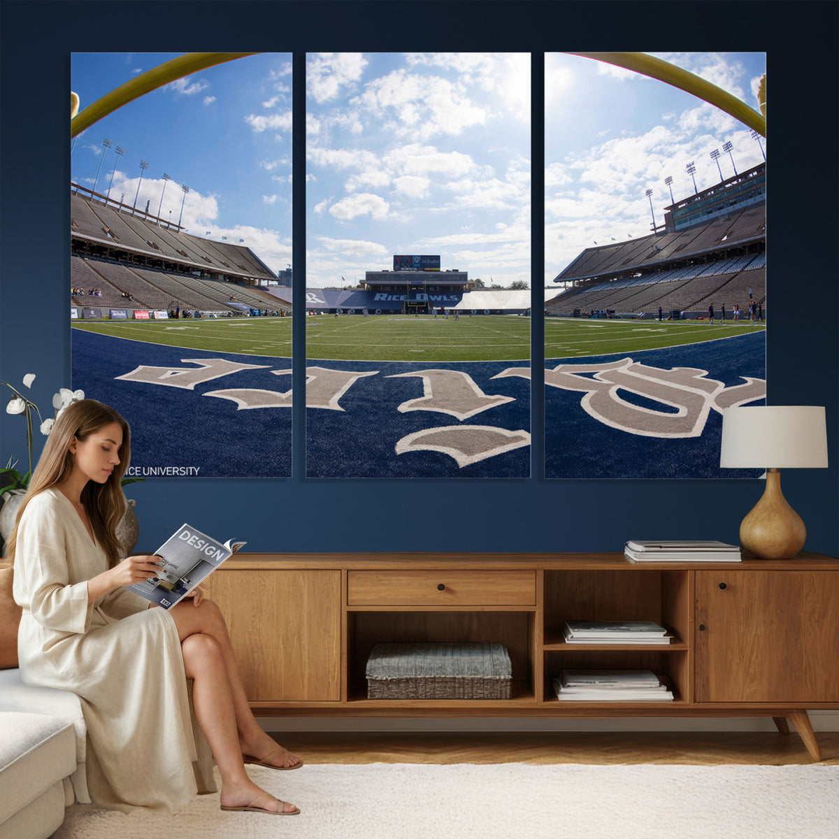 50267-MGV-CV-36X24 - Rice University Owls Football Team Print, Houston Rice Stadium, Framed and Ready to Hang