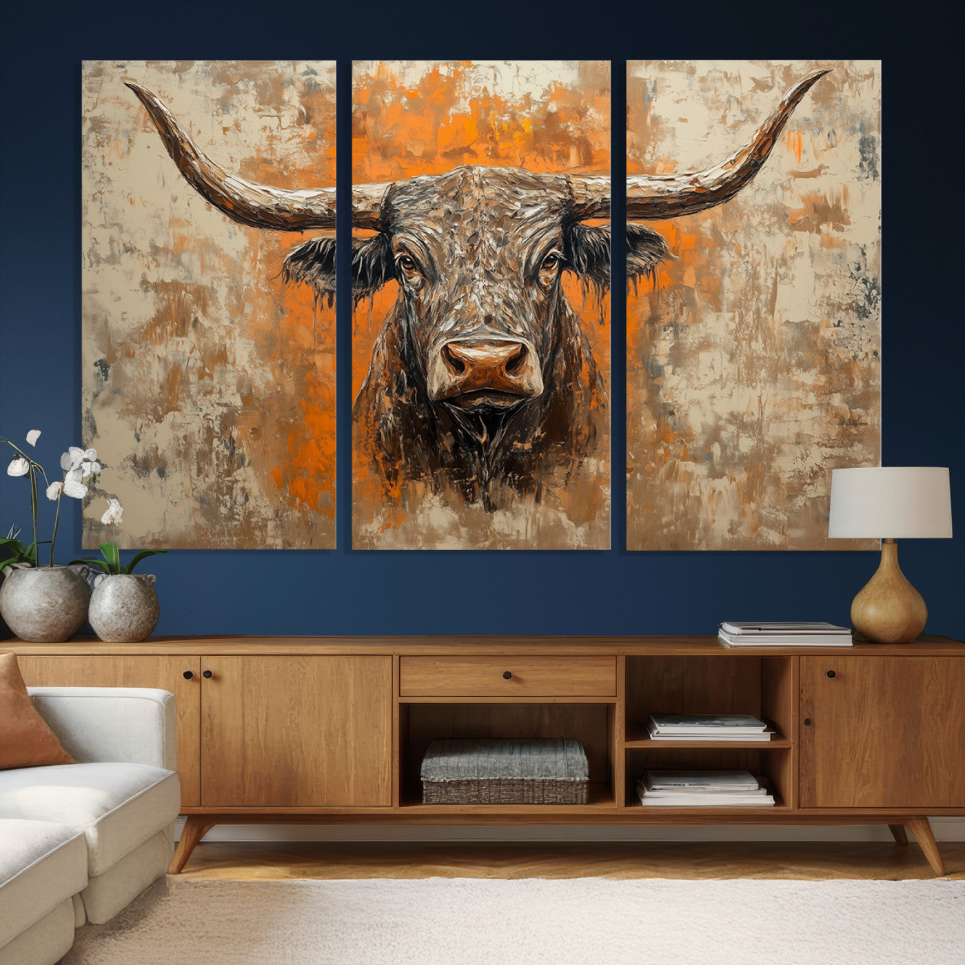 49976-MGV-CV-36X24 - Abstract Cow Longhorn Bull Wall Art Canvas Print - Rustic Texas Western Cattle Artwork