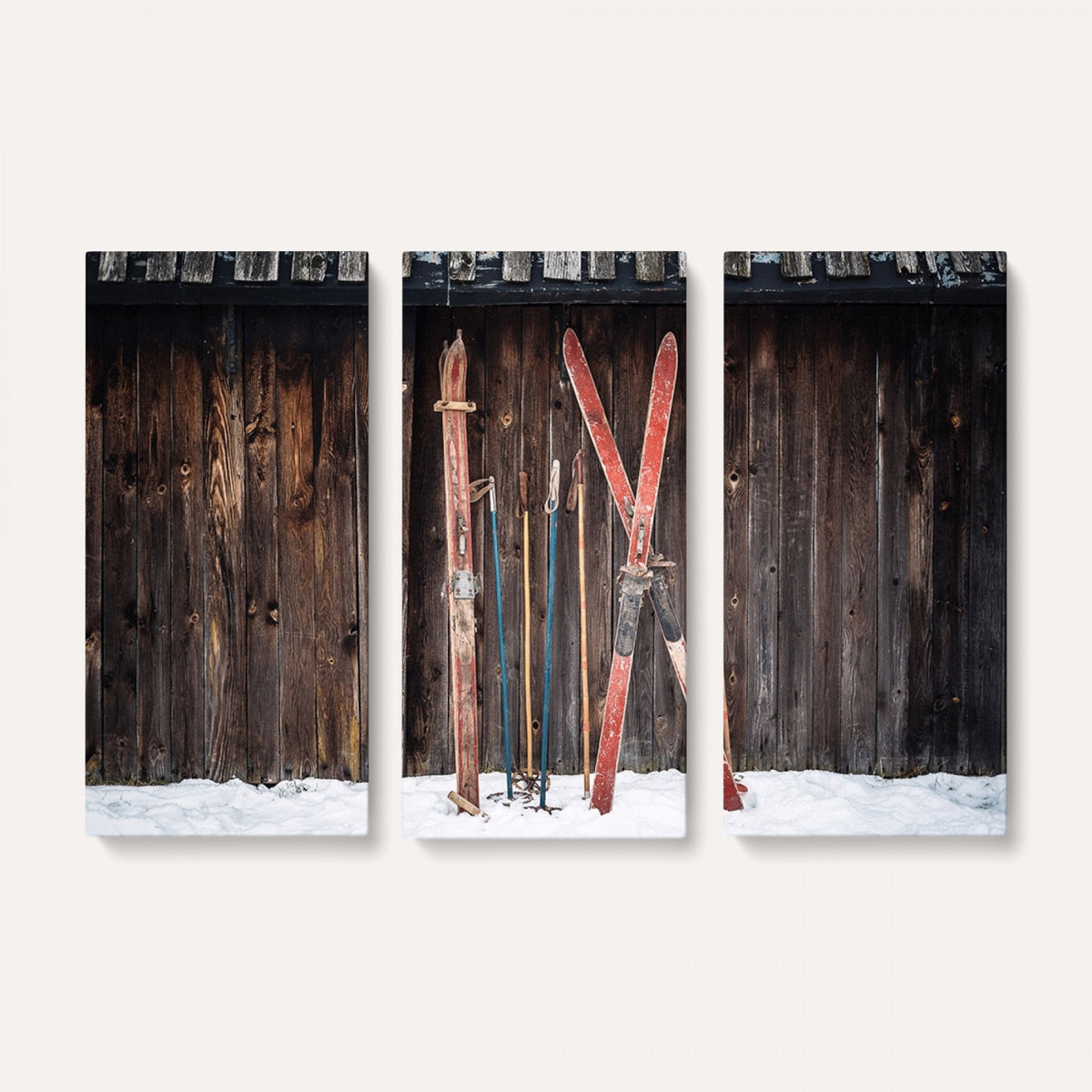 78590-MGV-CV-36X24 - Vintage Ski Gear Canvas Print, Vintage Ski Gear Against Wooden Cabin Wall