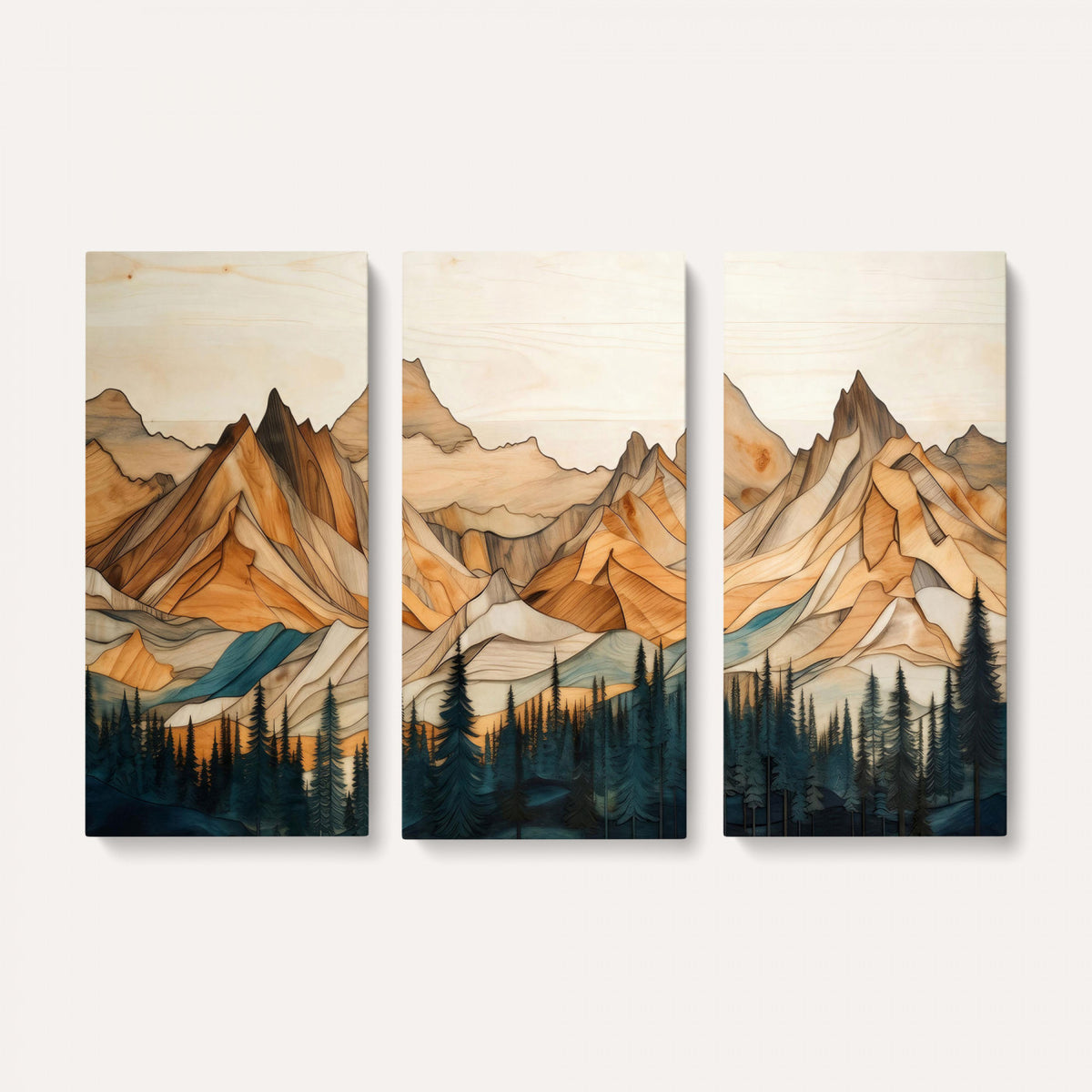 31576-PAN-FL-20X10 - Rustic Wood Mountain Wall Art Print | Triptych Giclee Print Featuring Handcrafted Forest and