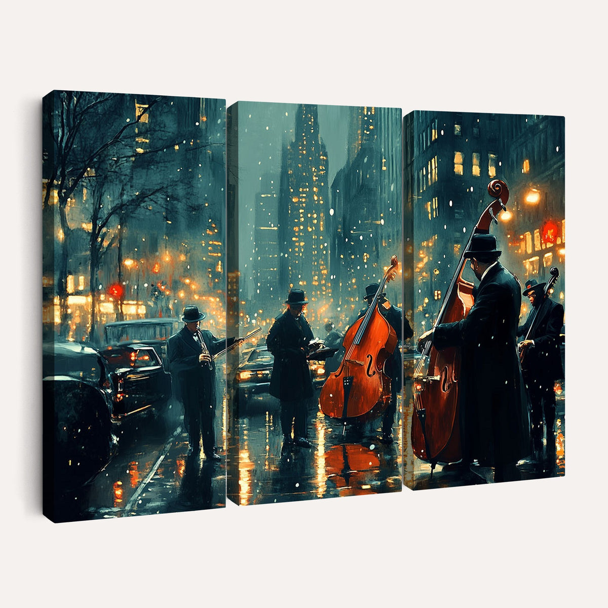 53391-MGV-CV-24X16 - Urban Night Jazz Wall Art Canvas Print | Moody Rain Soaked City Street Band Scene