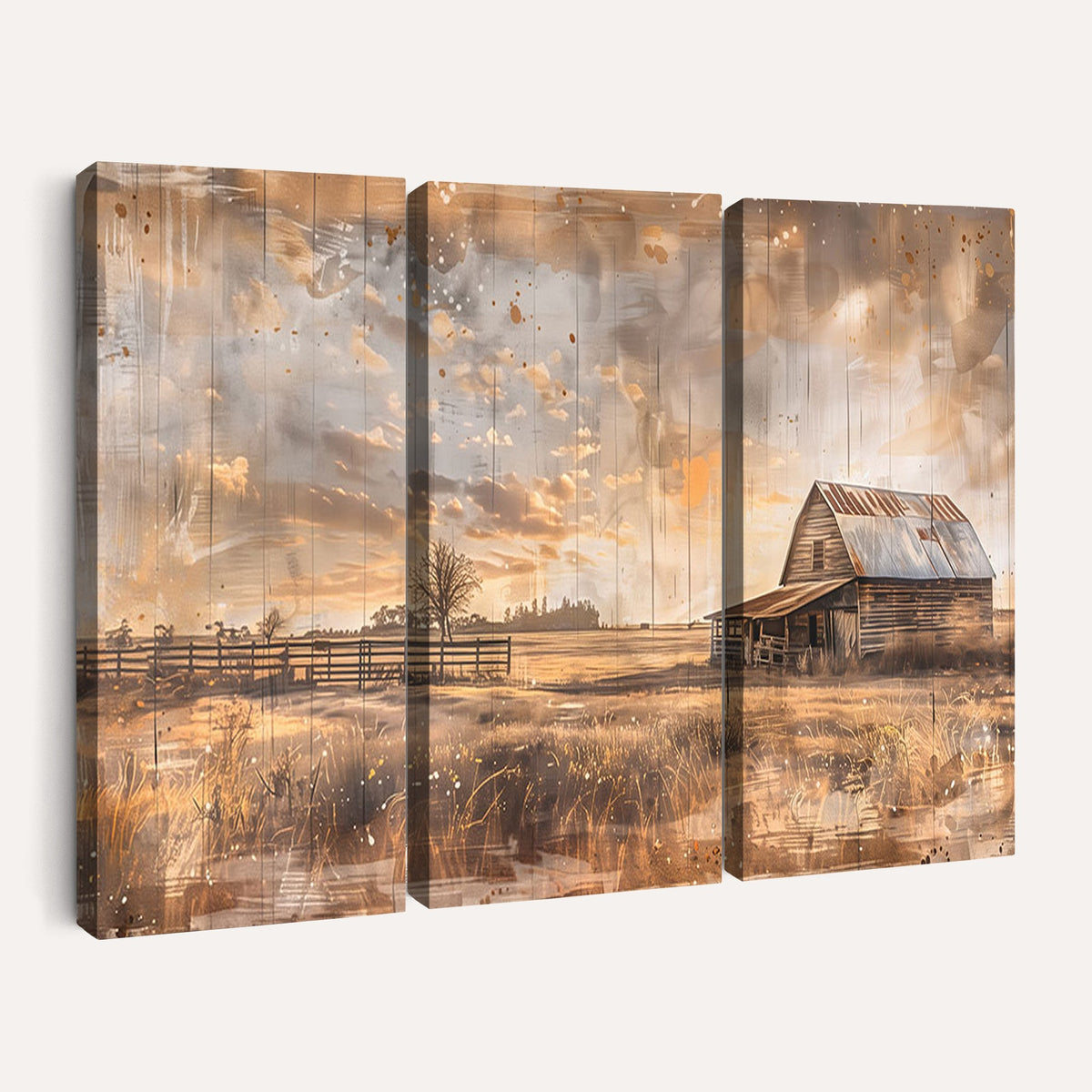 FARM2-MGV-CV-24X16 - Rustic Farmhouse Wall Art Canvas Print | Barn and Field Vintage Country Landscape