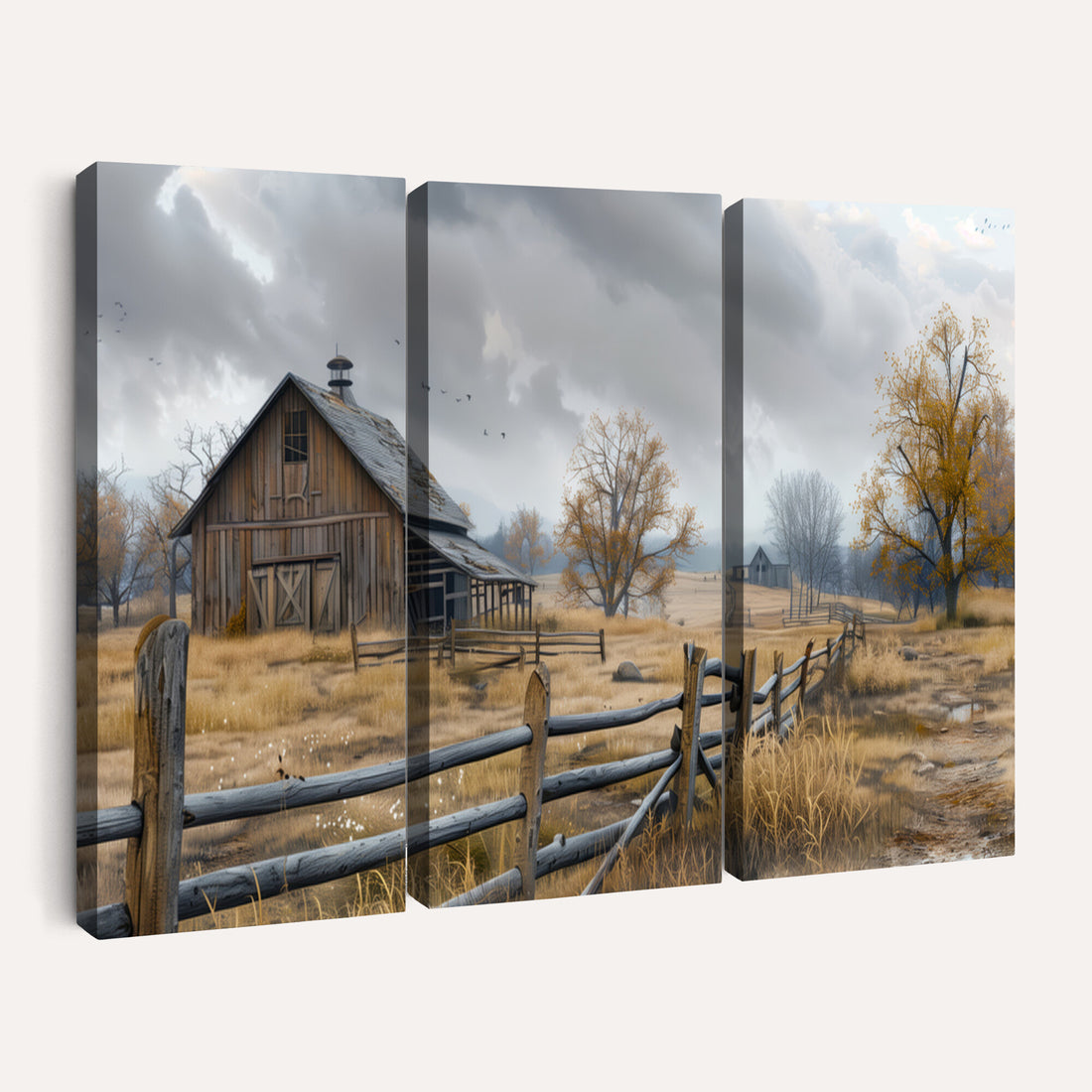 Rustic Autumn Farmhouse Wall Art Canvas Print | Serene Countryside with Weathered Barn