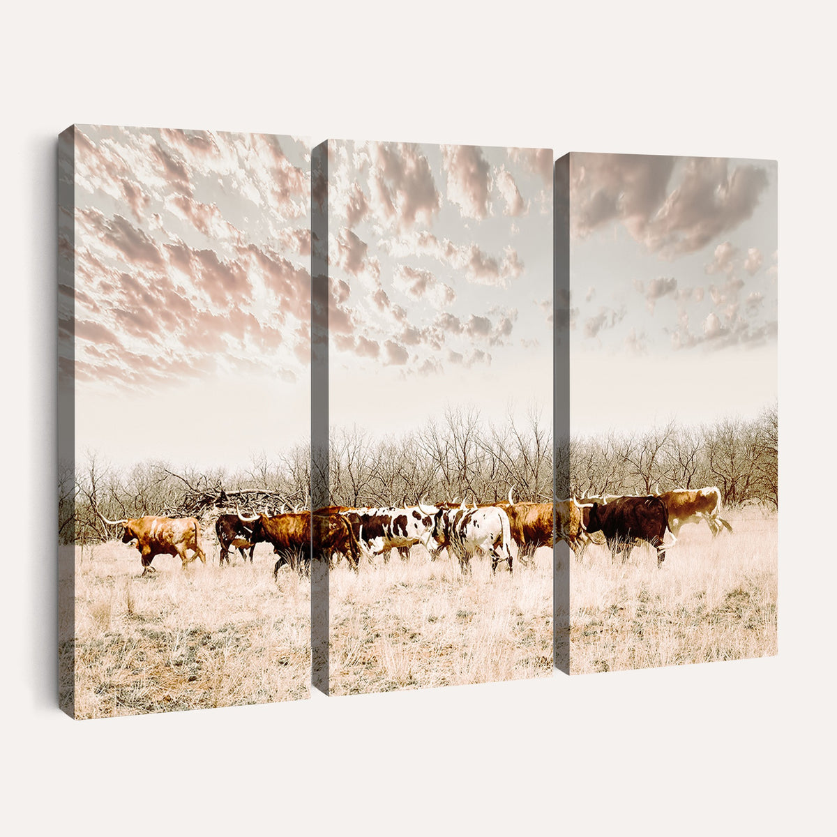 64892775-MGV-CV-24X16 - Longhorn Cattle Wall Art Canvas Print, Framed Texas Ranch Art, Western Cow Print, Prairie Landscape Decor