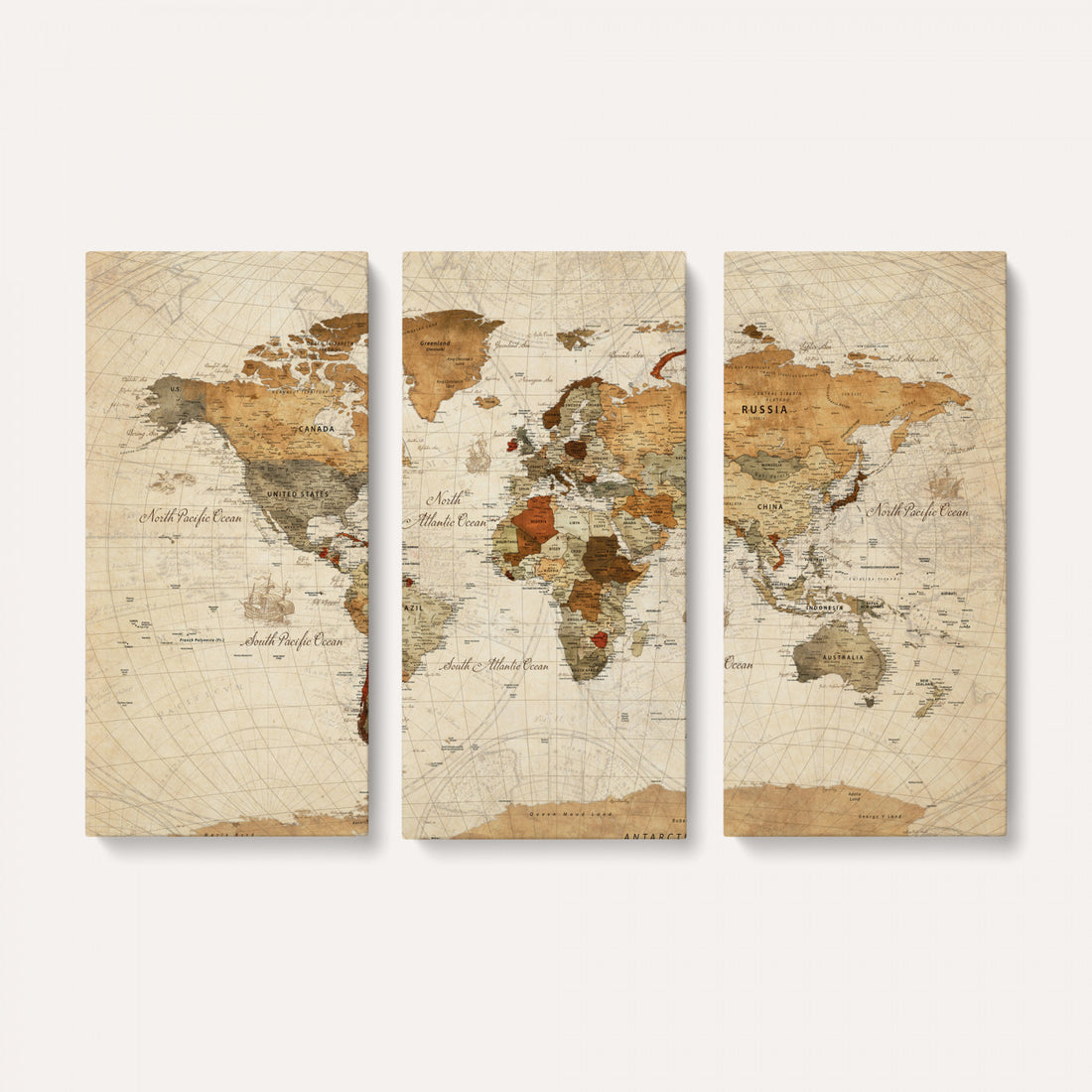 Vintage World Map Canvas Print, Framed Rustic Detailed Map of the World, Explorer Decor