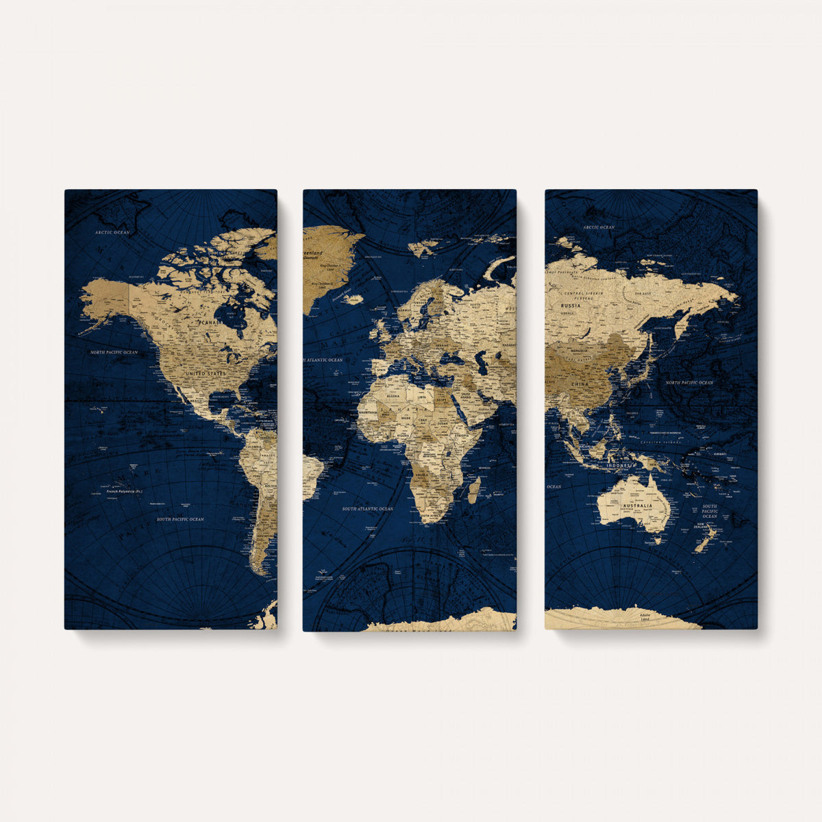 54770746-MGV-CV-36X24 - Navy Blue World Map Canvas Print – Detailed Map Minimal Navy