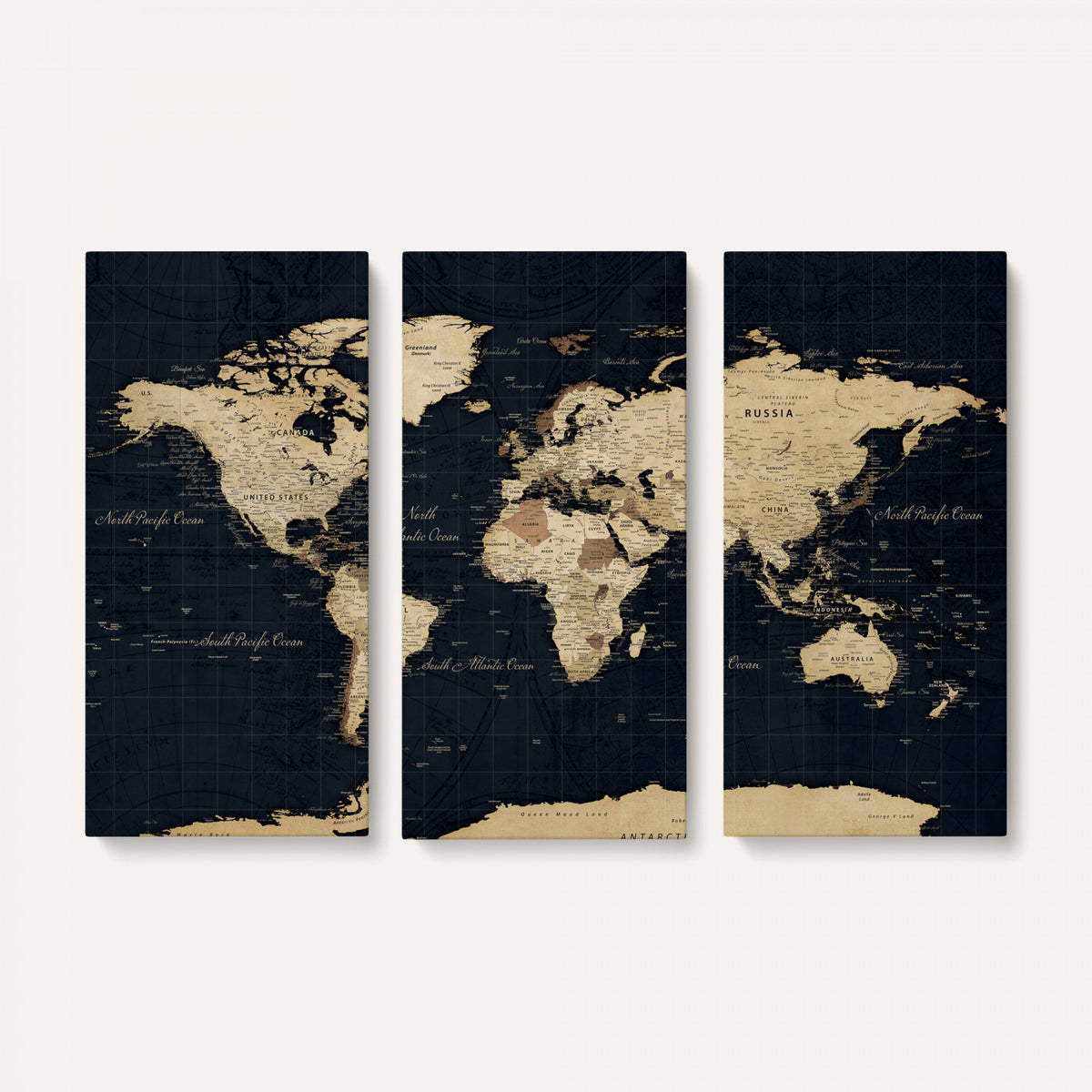 45063434-MGV-CV-36X24 - Dark World Map Canvas Wall Art Print, Minimal Black and Gold Map